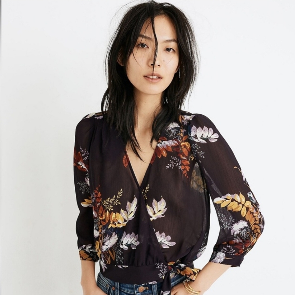 Madewell Size XS Wrap Top In Blooming Oasis Plum Womens 3/4 Sleeve Shirt Blouse